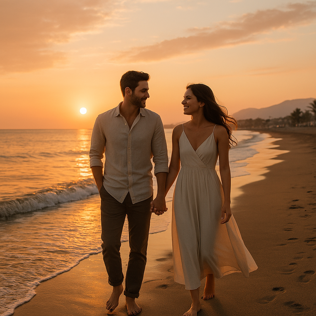 couple walking costa del sol sunset relocation spain
